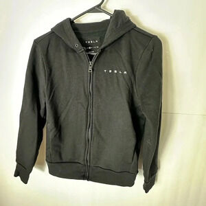 Tesla Jacket Hoodie Womens Small S Drawstring Full Zip Pocket Graphic Logo Black